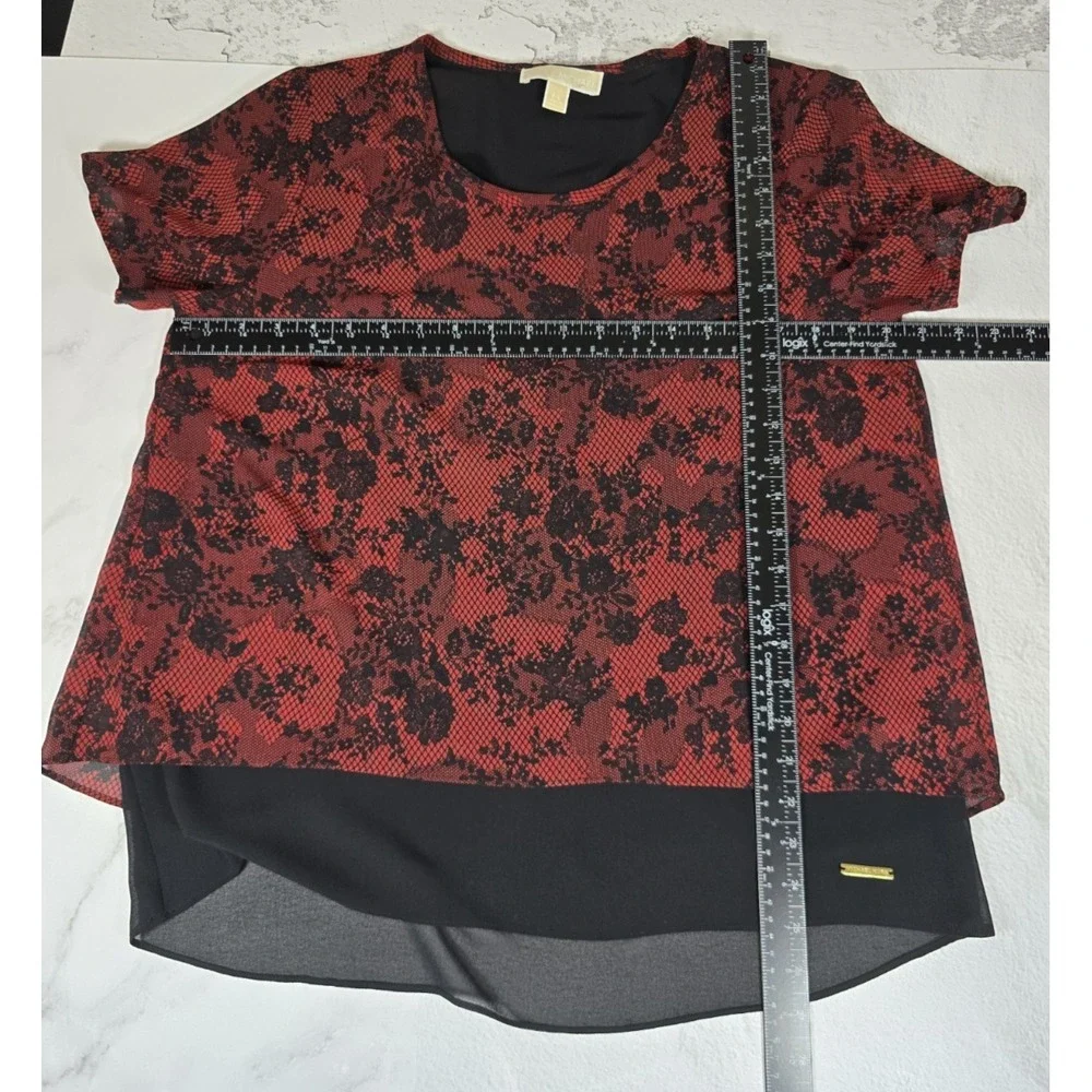 Michael Kors Layered Chiffon Blouse Womens PL Red Black Floral Mesh Split Back